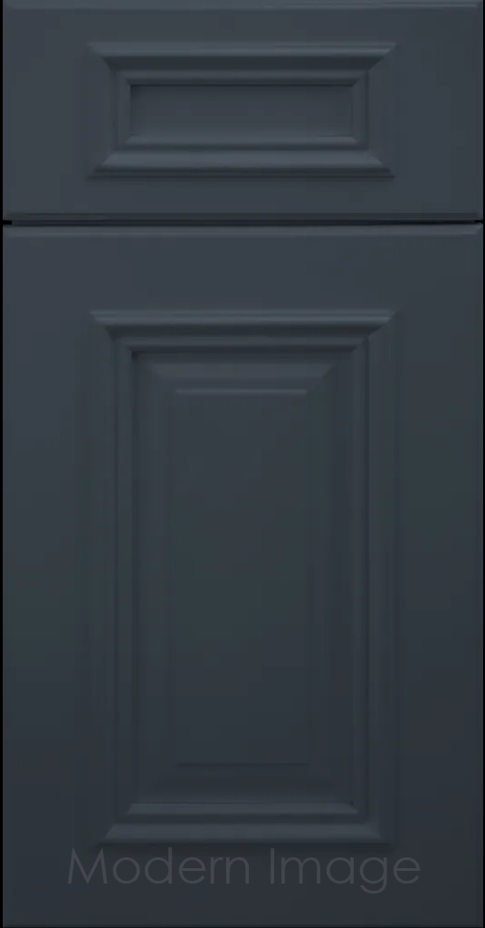 Hamilton cabinet door in Naval color with double raised panel and mitered elevated molding.